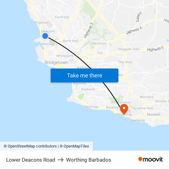 Lower Deacons Road to Worthing Barbados map