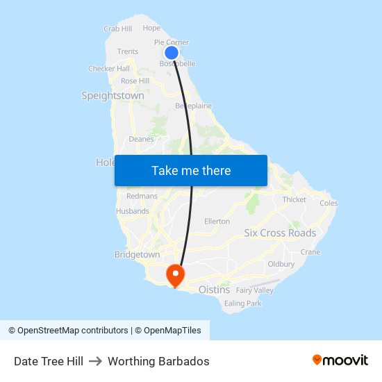 Date Tree Hill to Worthing Barbados map