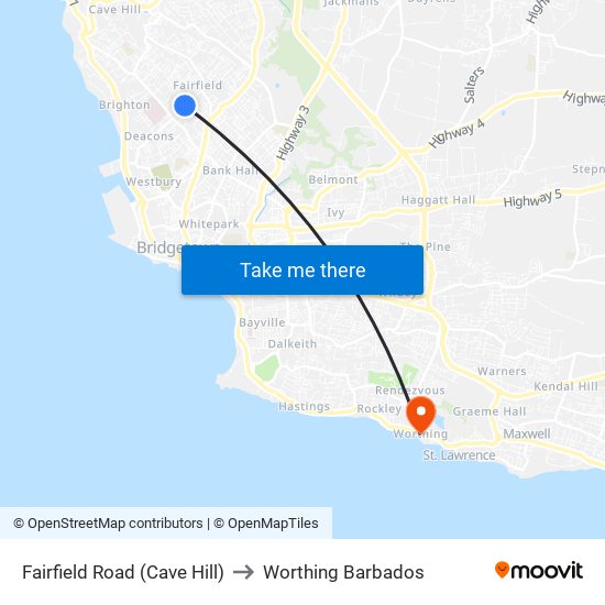 Fairfield Road (Cave Hill) to Worthing Barbados map