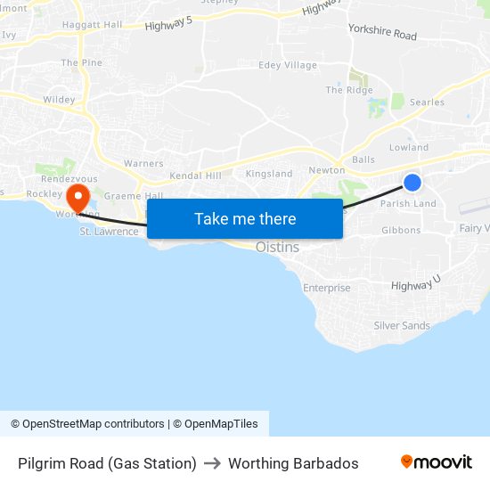 Pilgrim Road (Gas Station) to Worthing Barbados map