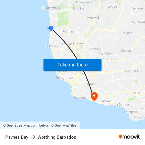 Paynes Bay to Worthing Barbados map