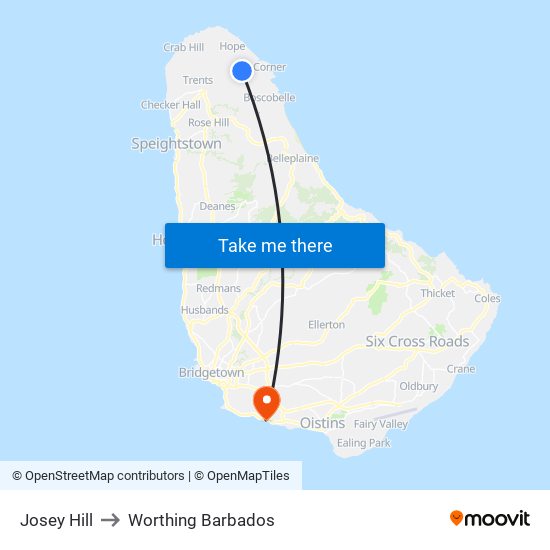 Josey Hill to Worthing Barbados map