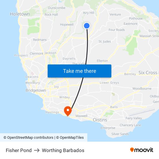 Fisher Pond to Worthing Barbados map