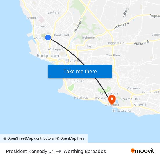 President Kennedy Dr to Worthing Barbados map