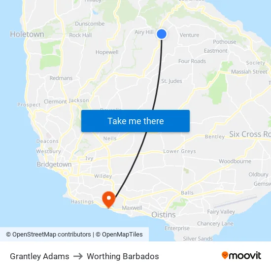 Grantley Adams to Worthing Barbados map