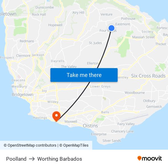 Poolland to Worthing Barbados map