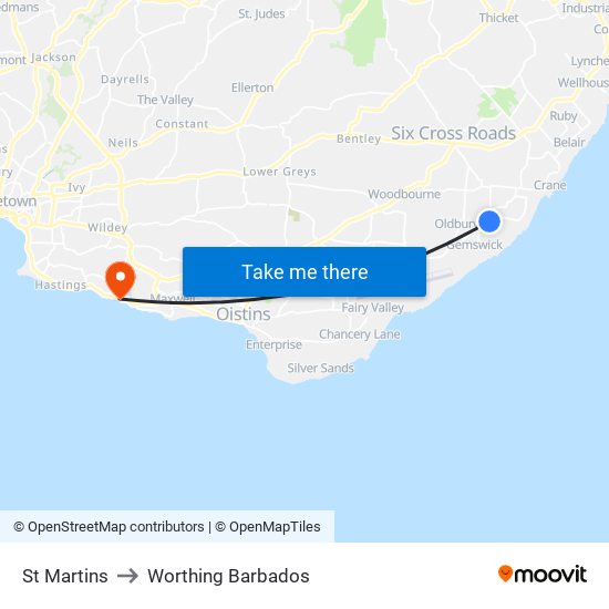 St Martins to Worthing Barbados map
