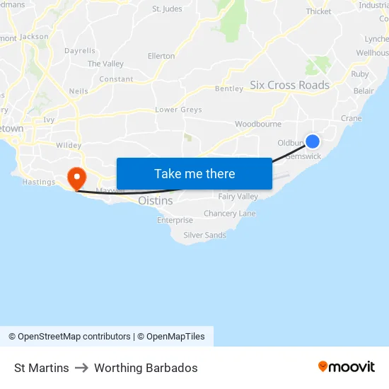 St Martins to Worthing Barbados map