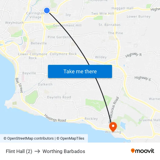 Flint Hall (2) to Worthing Barbados map