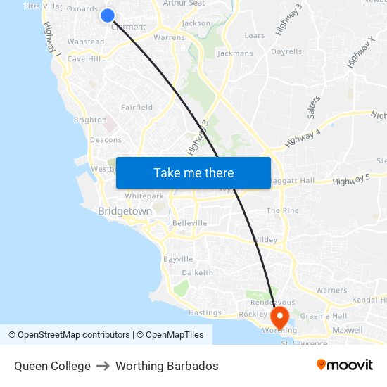 Queen College to Worthing Barbados map