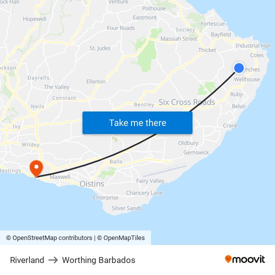 Riverland to Worthing Barbados map