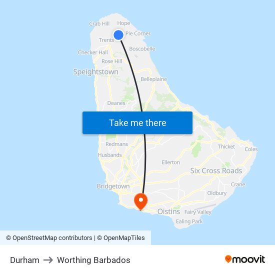 Durham to Worthing Barbados map