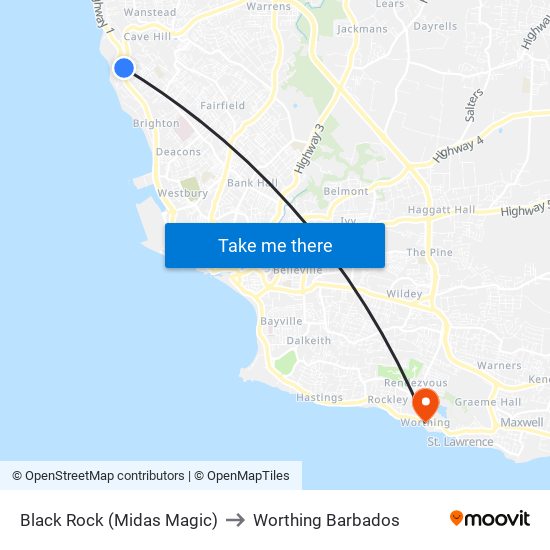 Black Rock (Midas Magic) to Worthing Barbados map