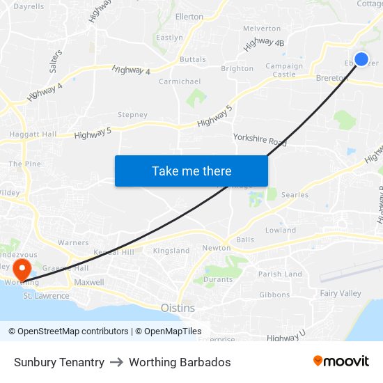 Sunbury Tenantry to Worthing Barbados map