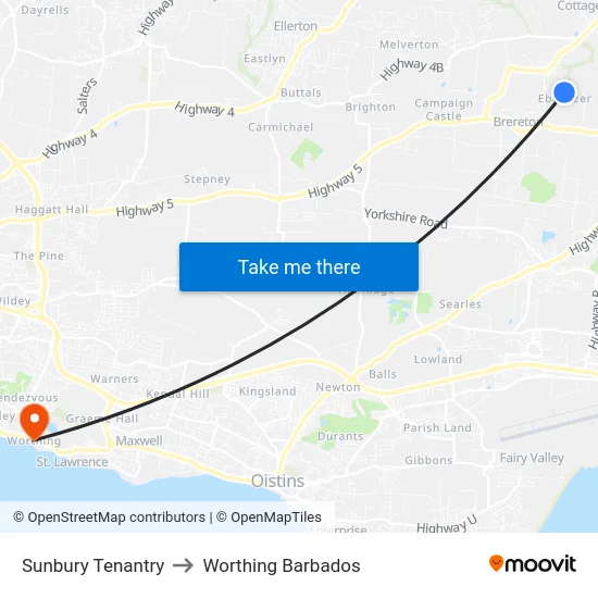 Sunbury Tenantry to Worthing Barbados map
