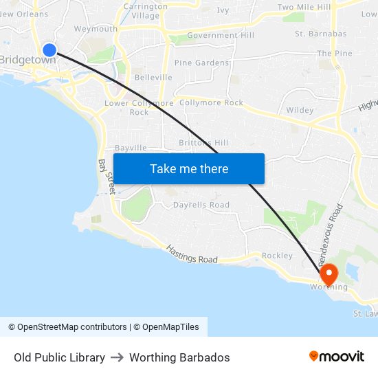 Old Public Library to Worthing Barbados map