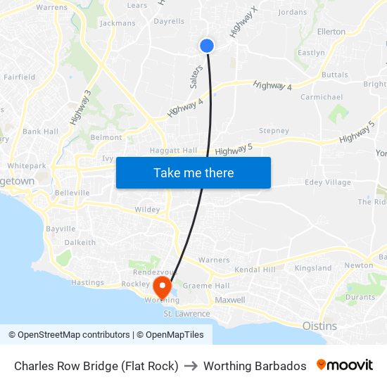 Charles Row Bridge (Flat Rock) to Worthing Barbados map