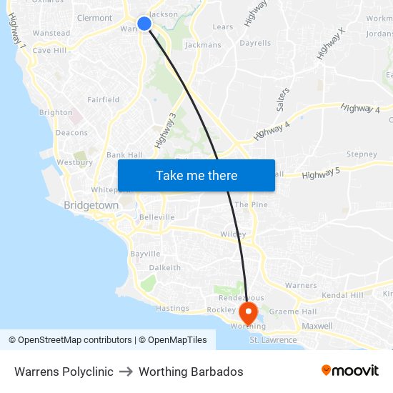 Warrens Polyclinic to Worthing Barbados map