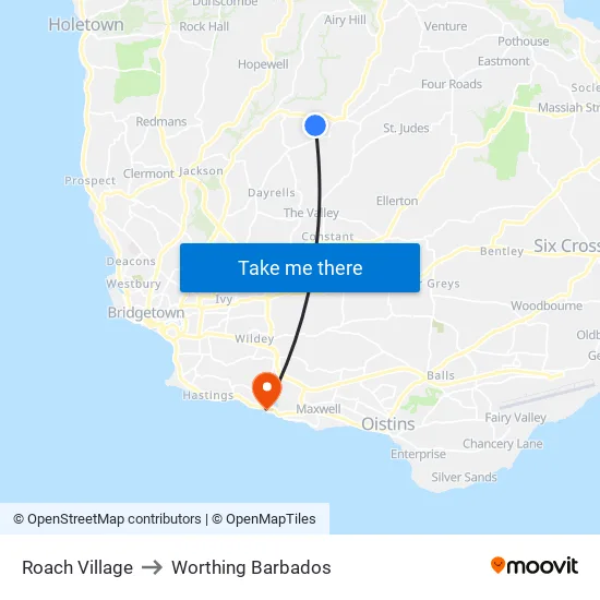 Roach Village to Worthing Barbados map