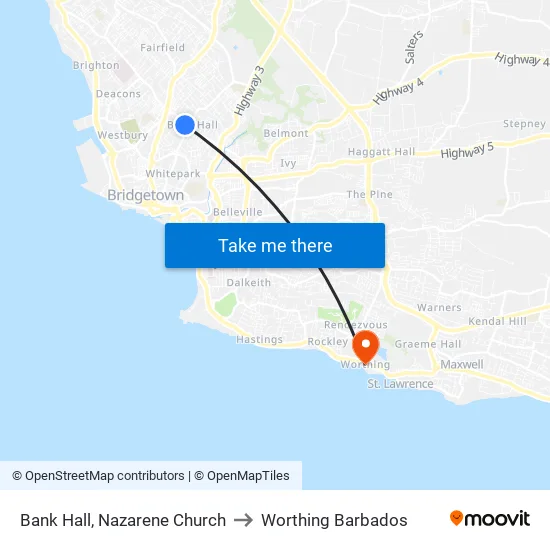 Bank Hall, Nazarene Church to Worthing Barbados map