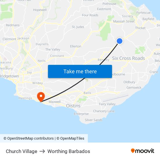 Church Village to Worthing Barbados map