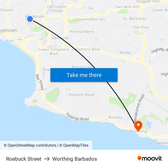 Roebuck Street to Worthing Barbados map