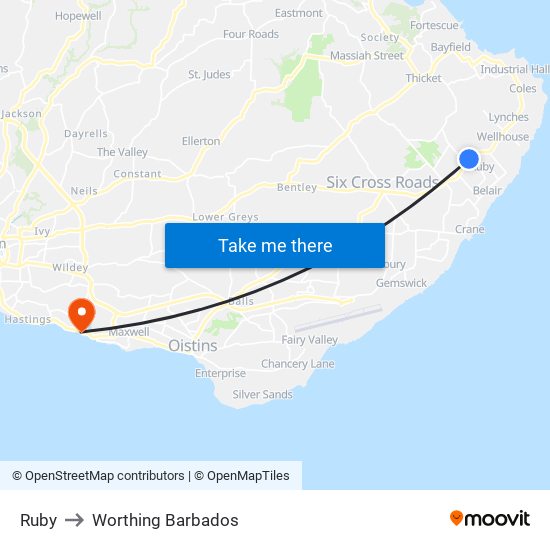 Ruby to Worthing Barbados map
