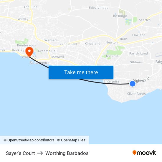 Sayer's Court to Worthing Barbados map