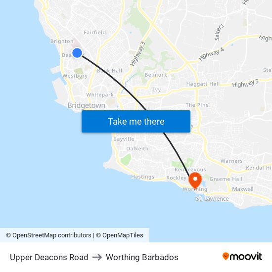 Upper Deacons Road to Worthing Barbados map