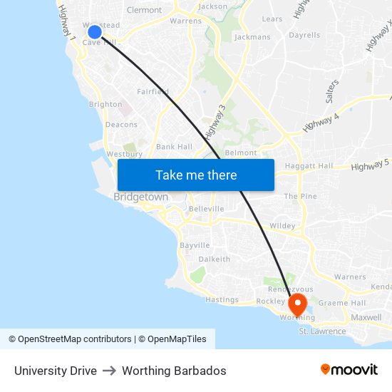 University Drive to Worthing Barbados map
