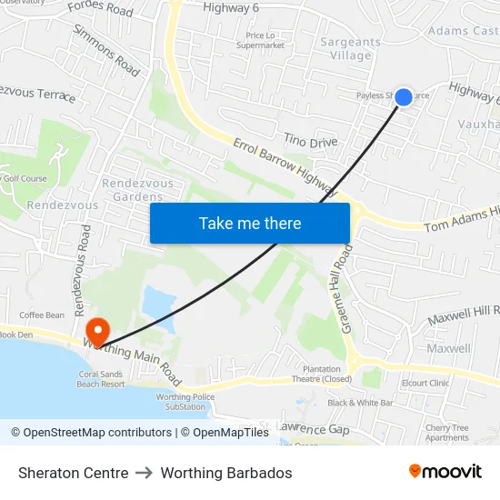 Sheraton Centre to Worthing Barbados map