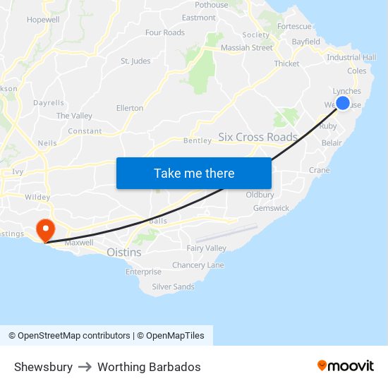 Shewsbury to Worthing Barbados map