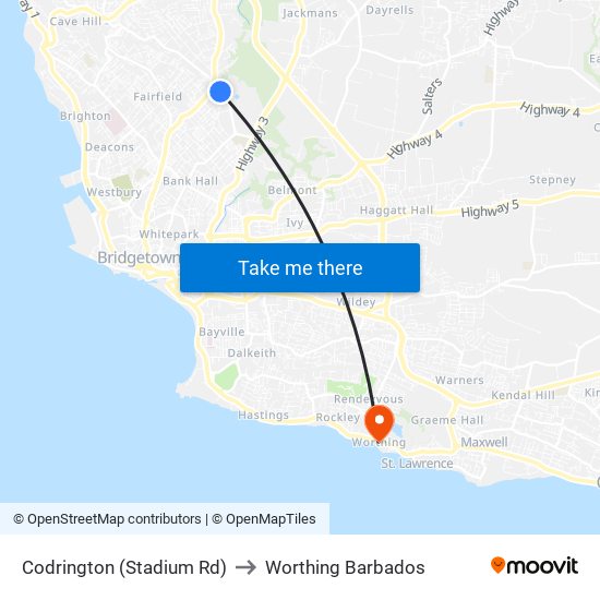 Codrington (Stadium Rd) to Worthing Barbados map