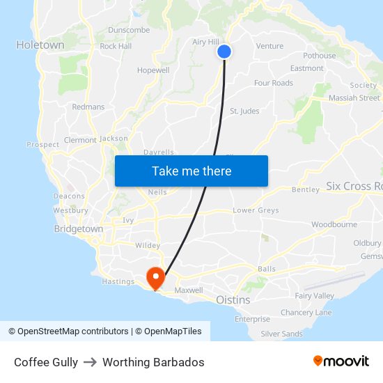 Coffee Gully to Worthing Barbados map