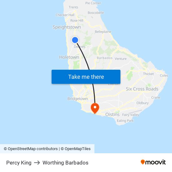 Percy King to Worthing Barbados map
