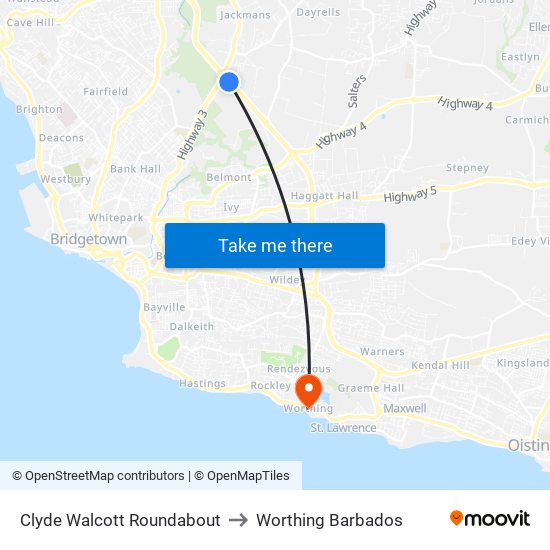 Clyde Walcott Roundabout to Worthing Barbados map