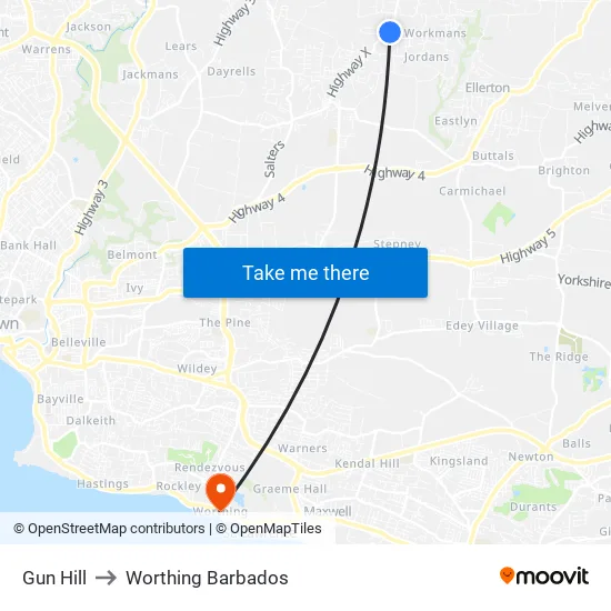 Gun Hill to Worthing Barbados map