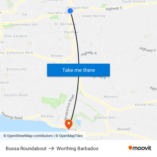 Bussa Roundabout to Worthing Barbados map