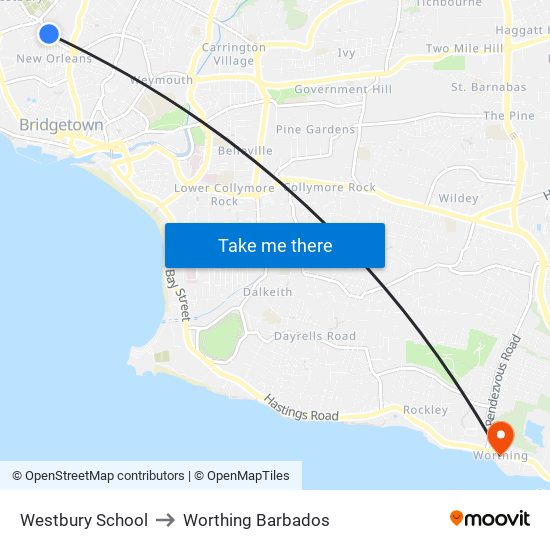Westbury School to Worthing Barbados map