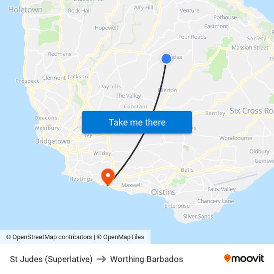 St Judes (Superlative) to Worthing Barbados map