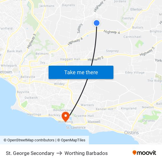 St. George Secondary to Worthing Barbados map