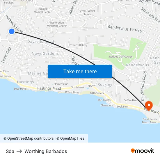 Sda to Worthing Barbados map