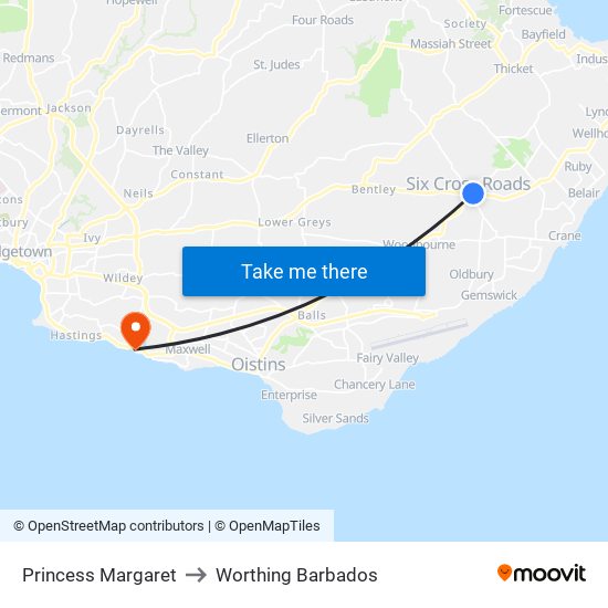 Princess Margaret to Worthing Barbados map