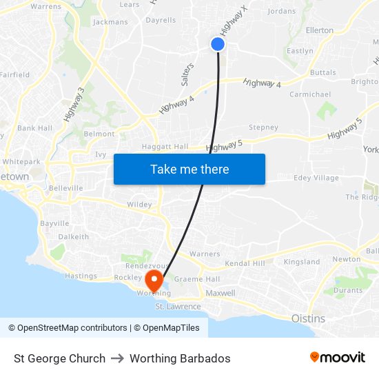 St George Church to Worthing Barbados map