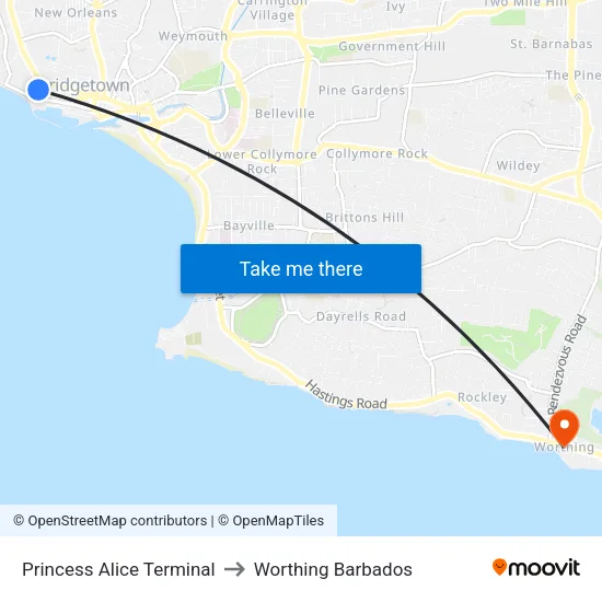 Princess Alice Terminal to Worthing Barbados map