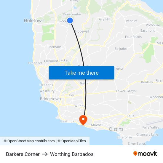 Barkers Corner to Worthing Barbados map