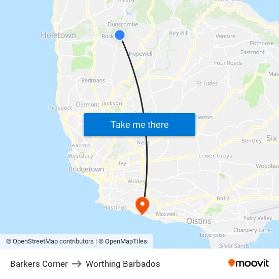 Barkers Corner to Worthing Barbados map
