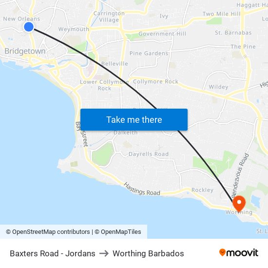 Baxters Road - Jordans to Worthing Barbados map