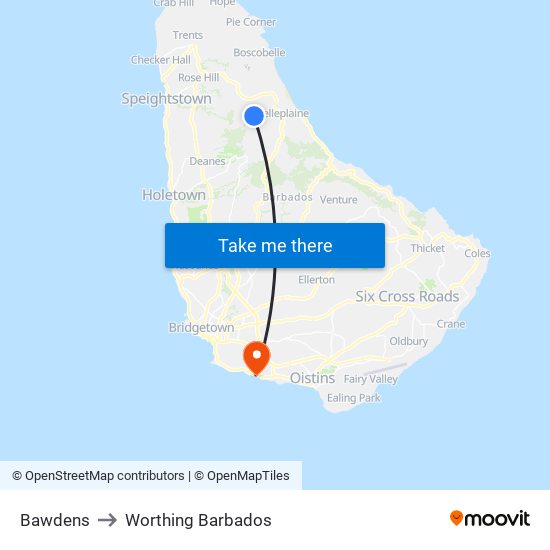 Bawdens to Worthing Barbados map