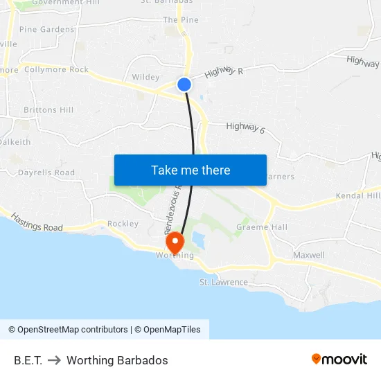 B.E.T. to Worthing Barbados map